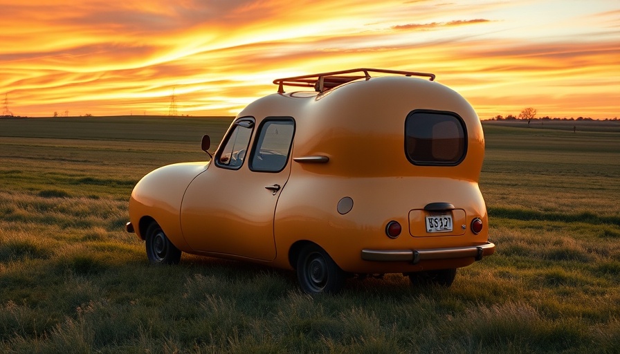 Nutmobile parked on grassy field at sunset.