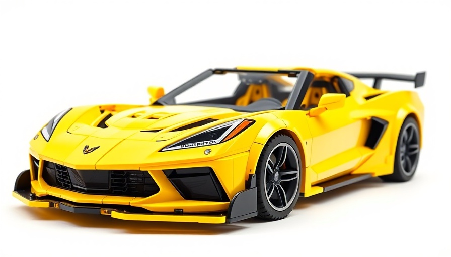 Sleek yellow Lego Technic Corvette on white background, detailed model.
