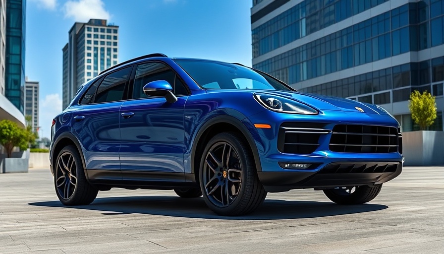 Sleek blue Porsche Cayenne Turbo E-Hybrid in urban setting, vibrant.