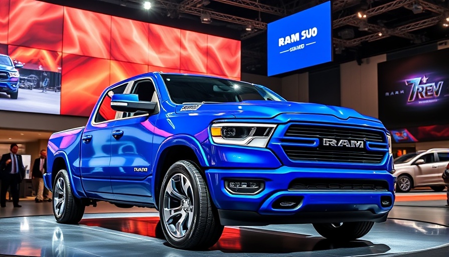 Sleek Ram 1500 REV showcased at auto event with vibrant lights.