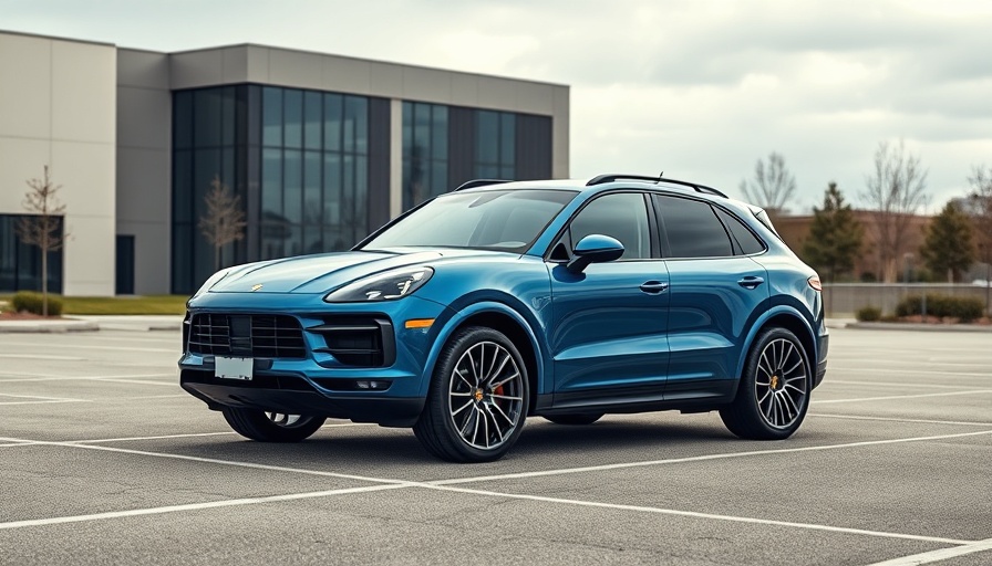 Porsche Cayenne Turbo E-Hybrid in parking lot with modern building.