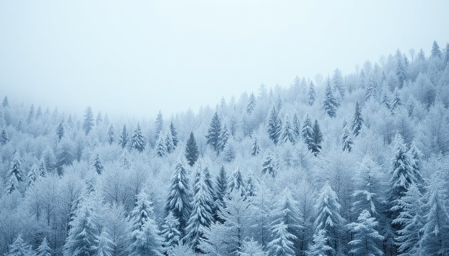 Snow-covered forest landscape under white sky.