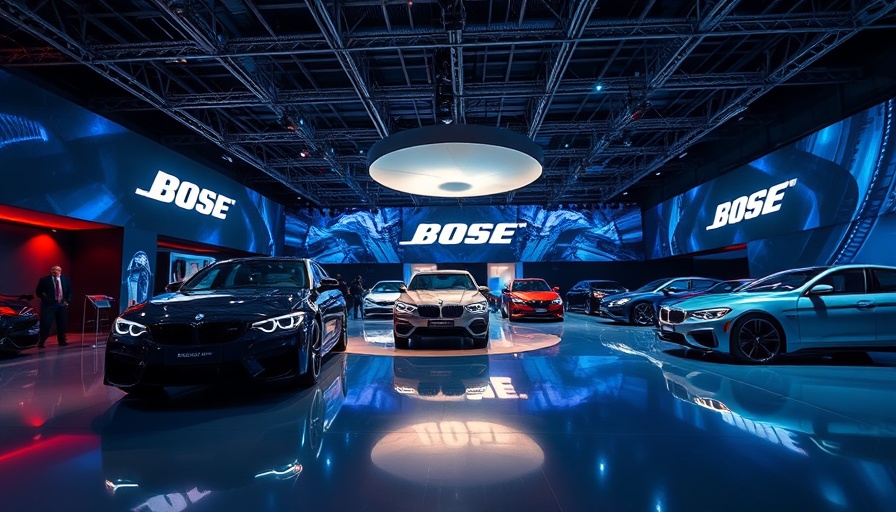 Bose audio innovation in futuristic automotive exhibit, vibrant setup.
