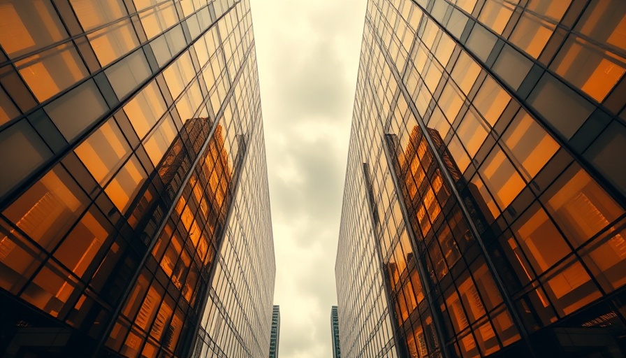 Golden glass skyscrapers converging upward, AI Chat Applications theme.