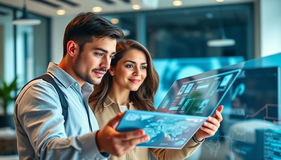 Engaged duo exploring digital twins on interactive screen in modern office.