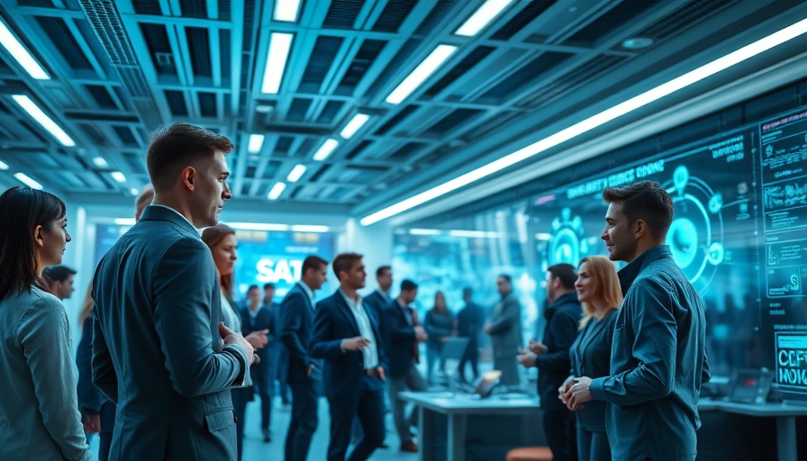 AI in recruitment meeting in futuristic office with digital displays.