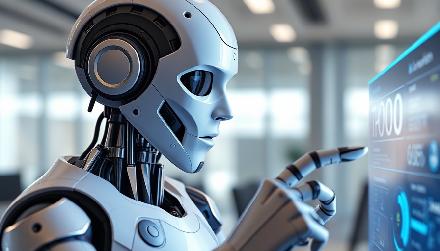 Futuristic robot managing AI tasks in an office setting.