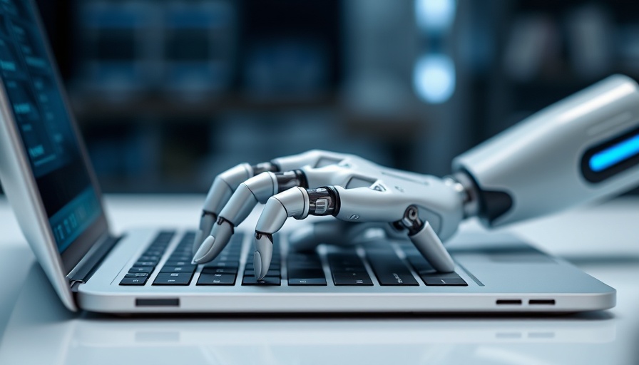 AI Prompt Engineering with robotic hand typing on laptop.