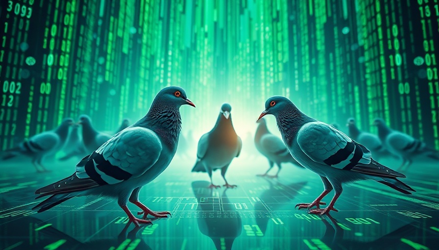Surreal digital art of pigeons interacting with code matrix in vibrant colors.