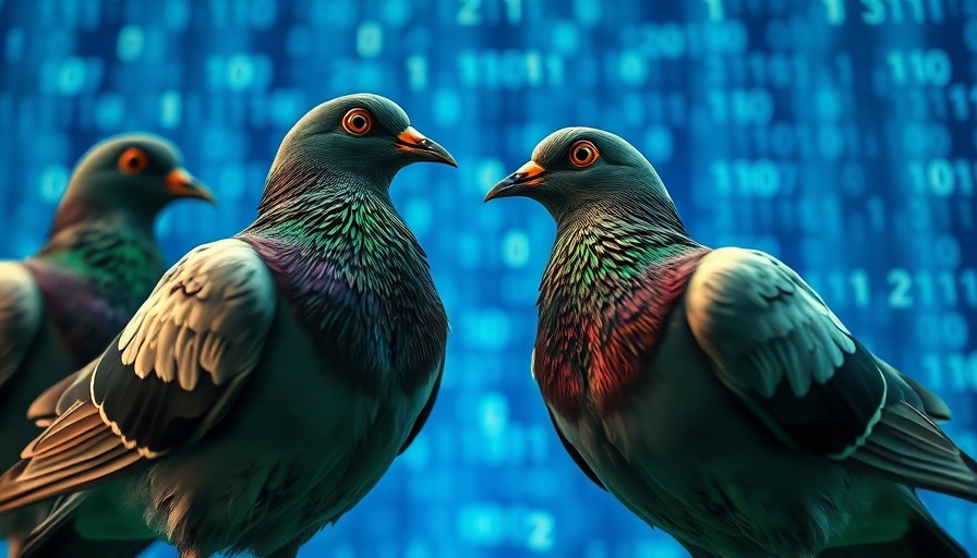 Surreal pigeons with AI coding on digital background.
