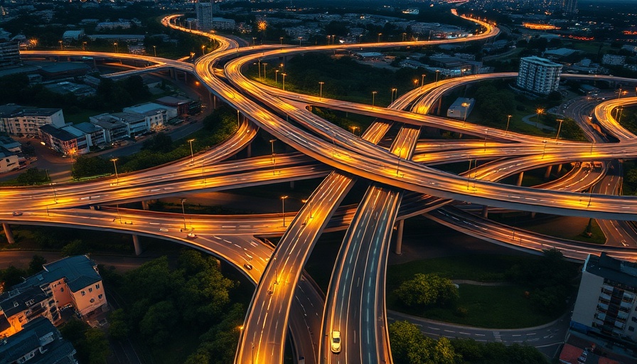 Aerial view of Asia's emerging business corridors, intricate interchange.