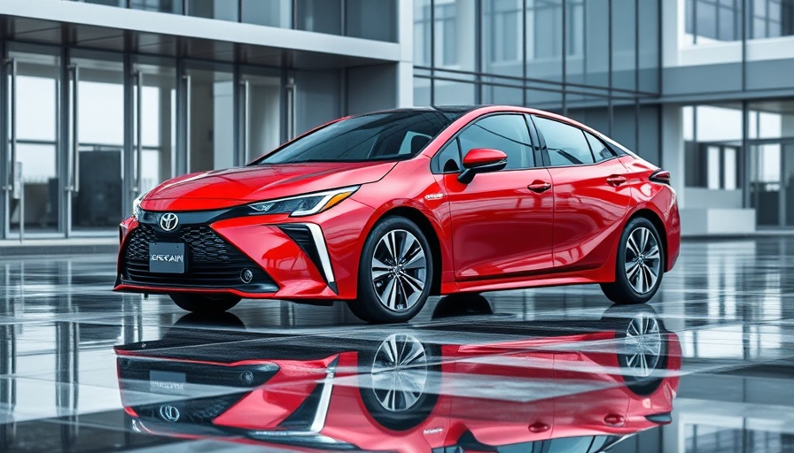 Sleek red Toyota Mirai against modern architecture.