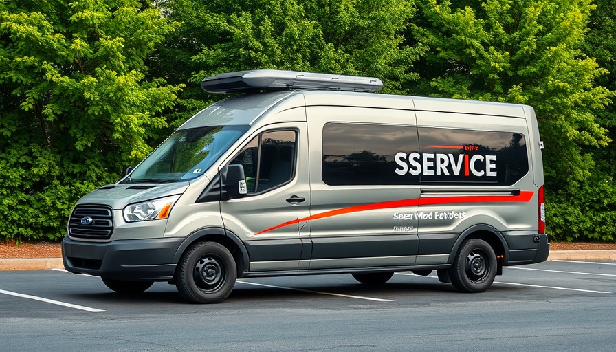 Mobile service technology van parked with branding in lush setting.