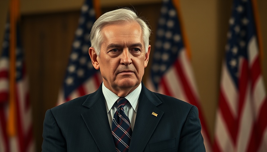 Elderly man in suit standing by flags, AI governance theme.