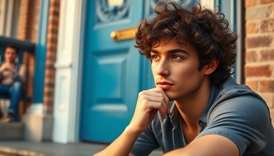 Young man sitting on stoop, pondering, AI companion setting.