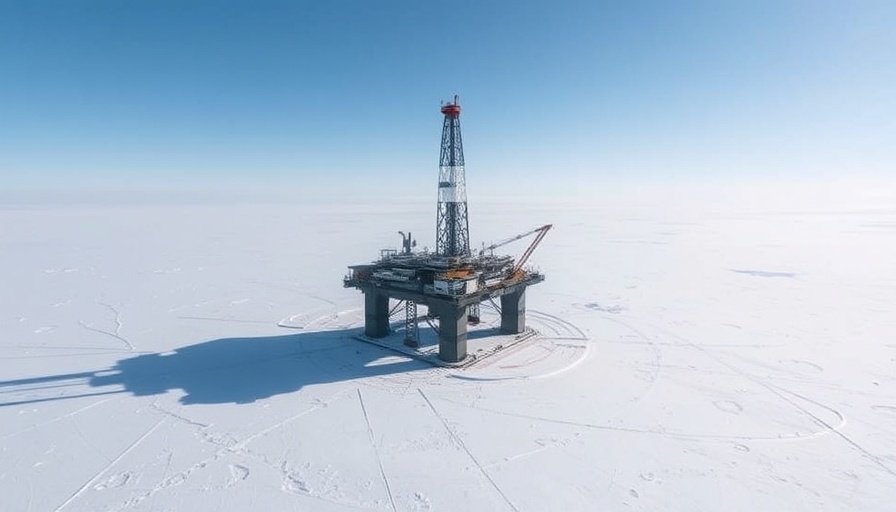Aerial view of oil drilling platform in icy landscape, Trump executive orders.