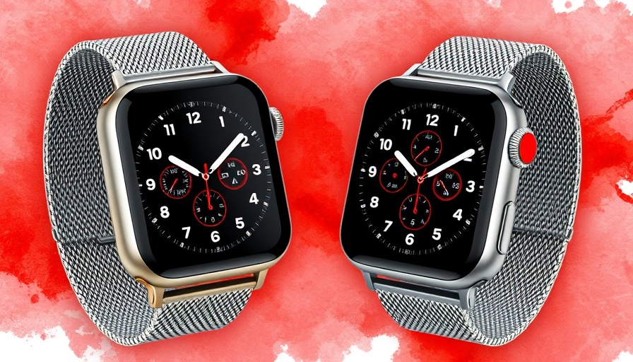 Sleek Apple Watch accessories with mesh metal bands on a red watercolor backdrop.