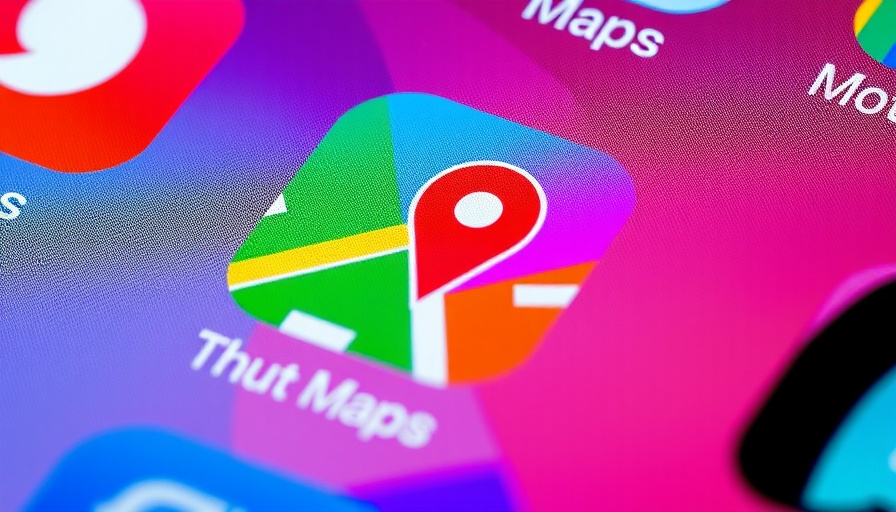 Apple Maps icon close-up on smartphone screen, colorful digital texture.