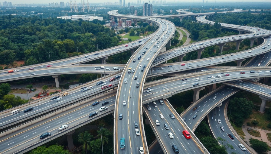 Aerial view of busy highway interchange, auto originations, city greenery.