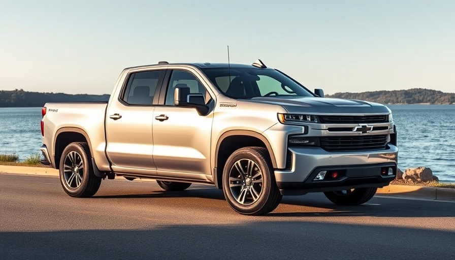 2025 Chevrolet Silverado EV parked by lake under blue sky.
