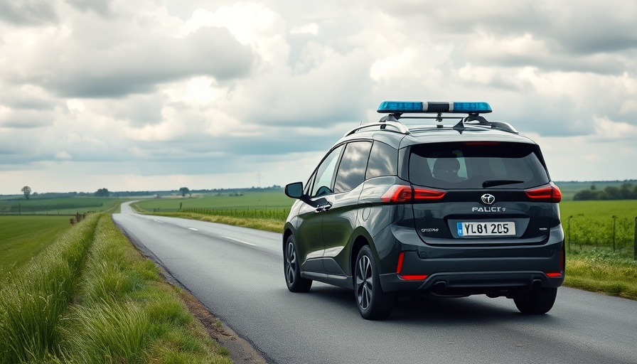 Sleek black electric patrol vehicle on rural road with cloudy sky backdrop.