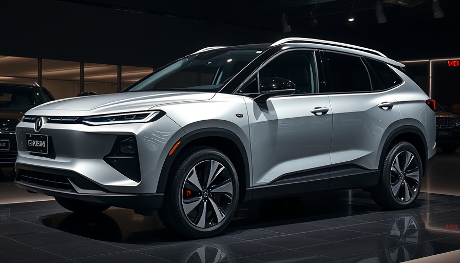 Futuristic silver electric SUV in a showroom, showcasing refined design.