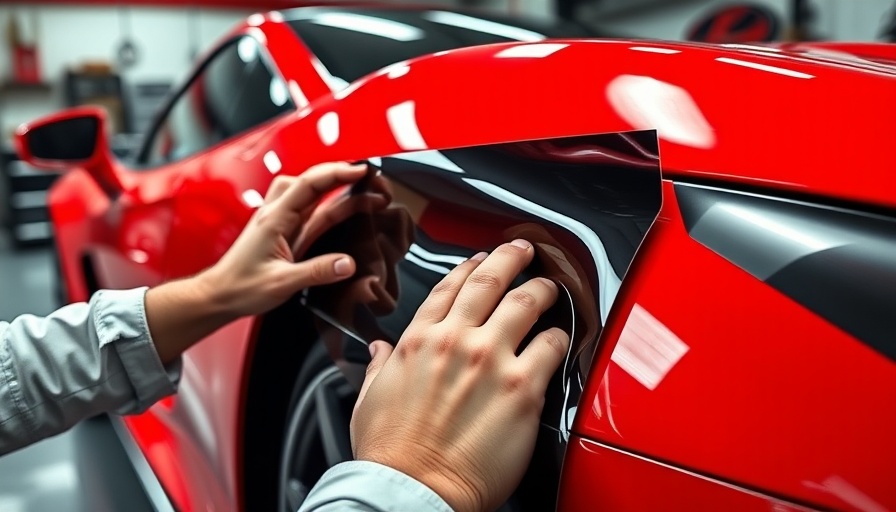 Applying paint protection film on red sports car in detailed garage setup.