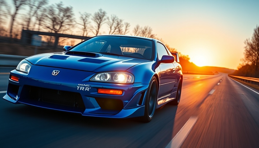 Blue Integra Type R driving at sunset on highway.