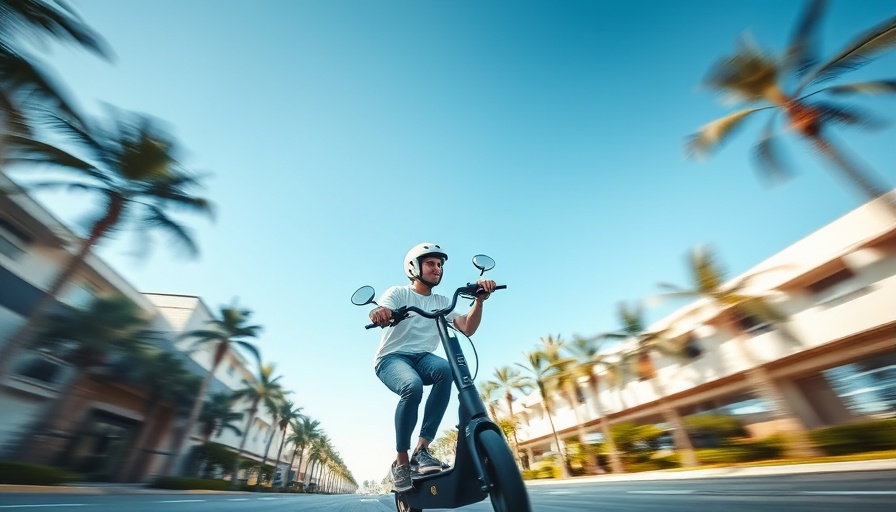Dynamic electric scooter ride showcasing micromobility on a sunny urban street.