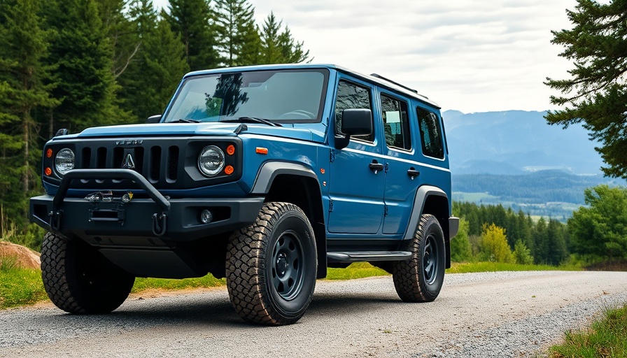 Rugged blue SUV parked on gravel road, MSRP markup illustration.
