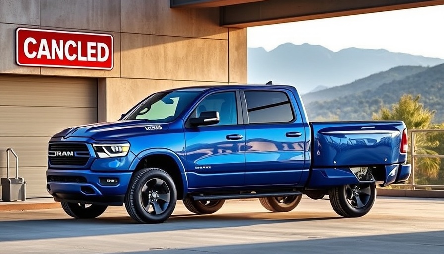 Ram 1500 REV with cancelled sign in garage setting.