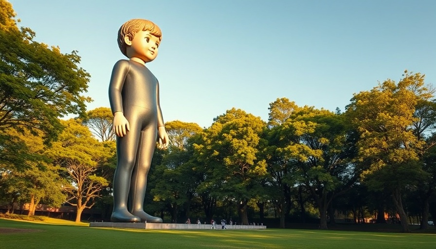 Giant doll sculpture in a park, cinematic display, storytelling element