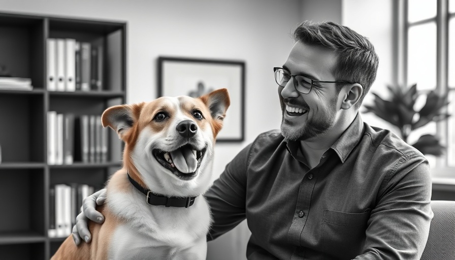 Professional discussing pet care market in office with dog.