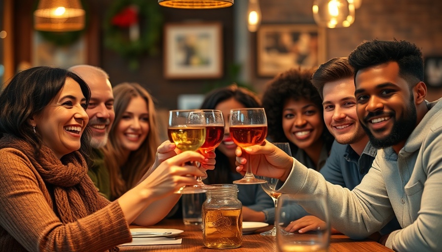 Group toasting in a cozy restaurant, Anti-Focus Group theme.