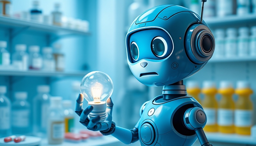 AI drug discovery concept with a robot and medicine bottles in a lab.
