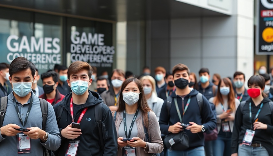 Crowded game developers conference entrance amidst industry layoffs.