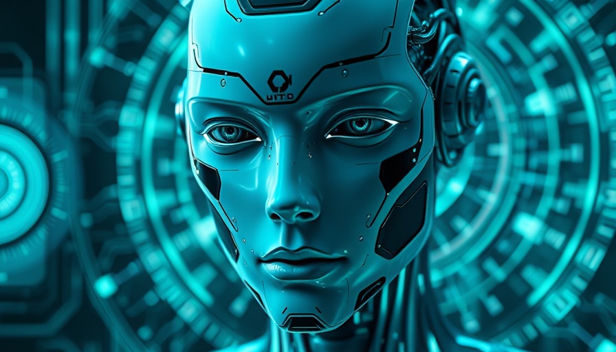 Agentic AI humanoid with cybernetic design and digital patterns.