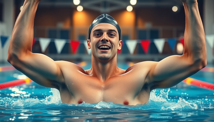 Commercial excellence in sports represented by triumphant swimmer.