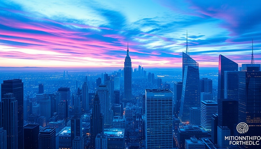 Futuristic cityscape overlaid with binary code for real estate data.