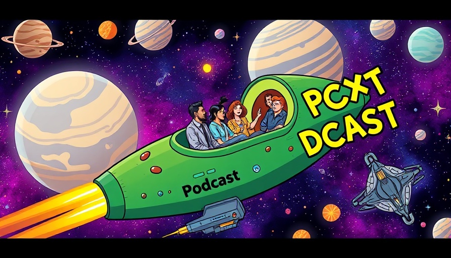 Feminist chatbots themed cosmic artwork with people on avocado spaceship.