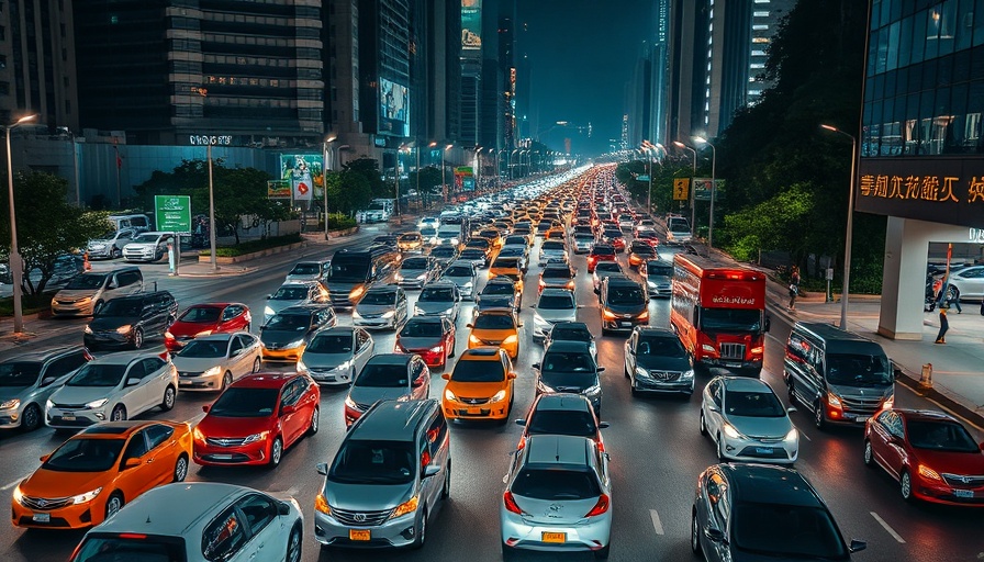 Nighttime city traffic for automotive predictions, busy urban streets.