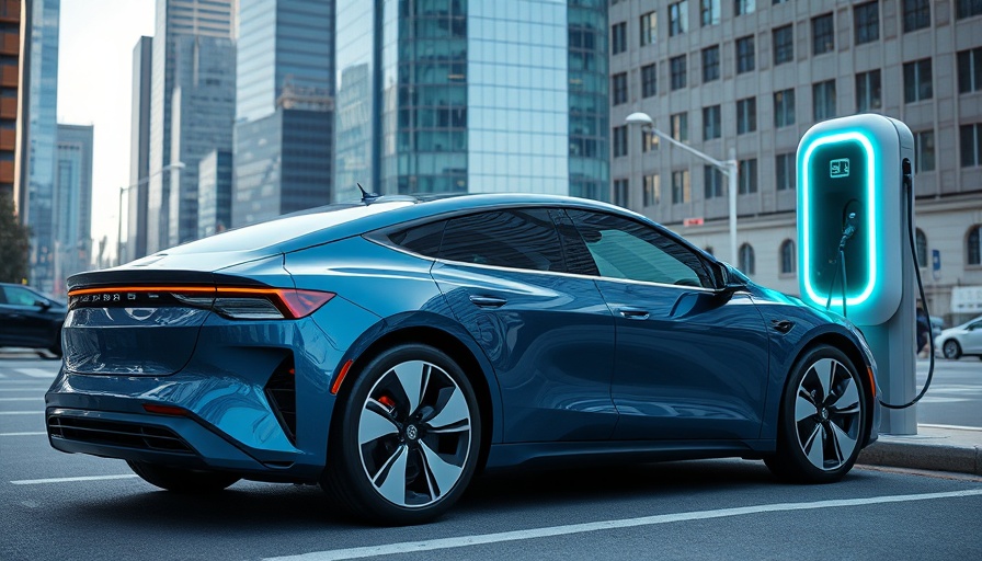 Modern electric vehicle at charging station in urban setting