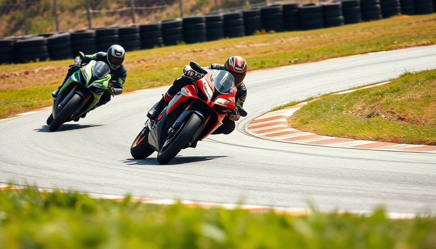 MotoAmerica motorcycle race on a curved track with riders leaning.