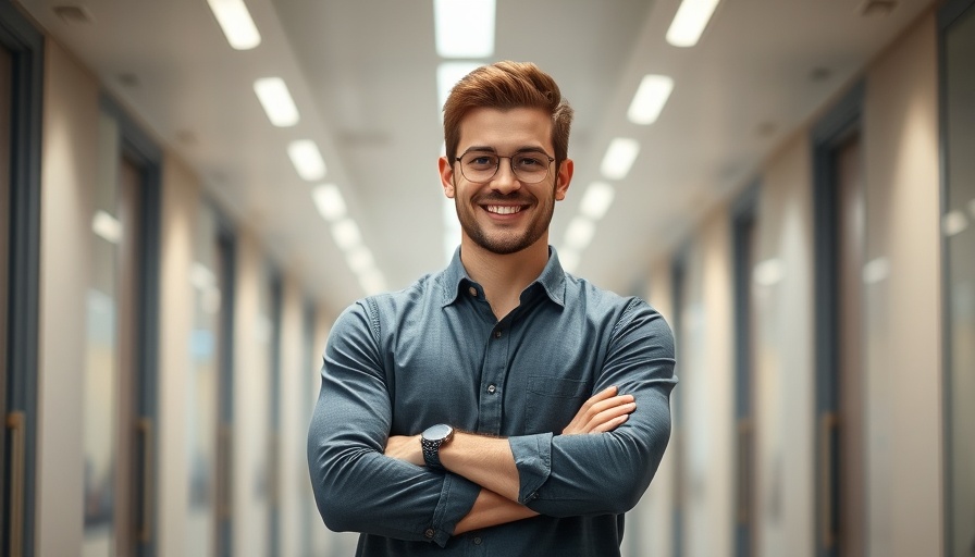 Confident man in office representing AI labor practices, bright corridor.