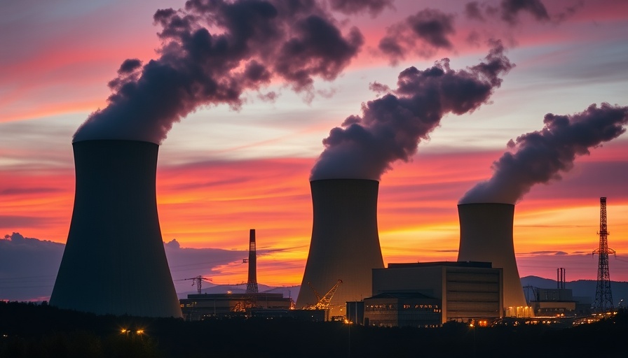 Nuclear power plant towers emitting steam at sunset with colorful sky.