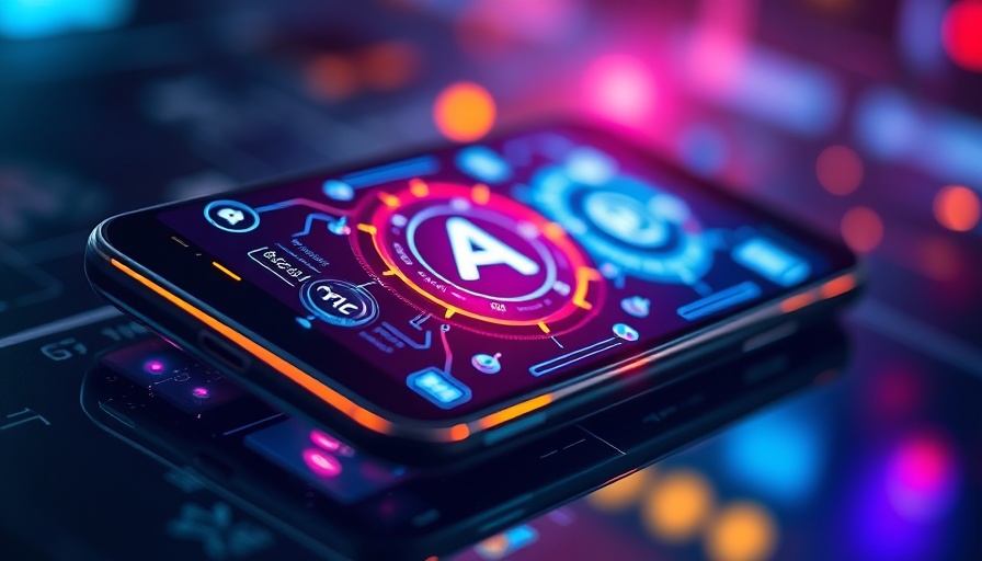 AI in mobile technology concept with futuristic smartphone interface.