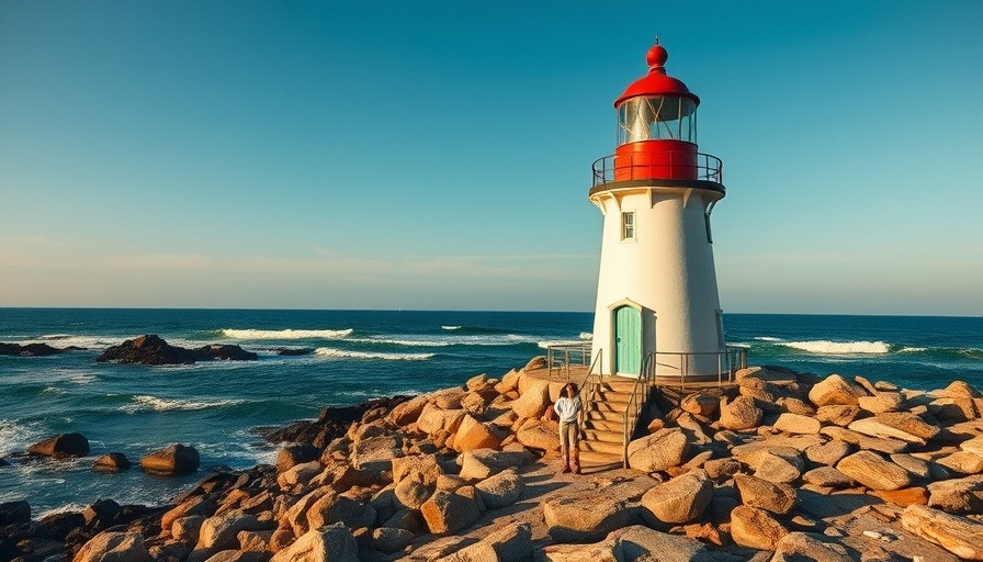 Scenic view of a lighthouse and rocky coast in Southern Rhode Island.
