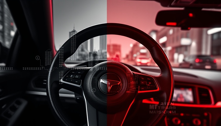 Automotive cybersecurity concept with car steering wheel and digital cityscape.