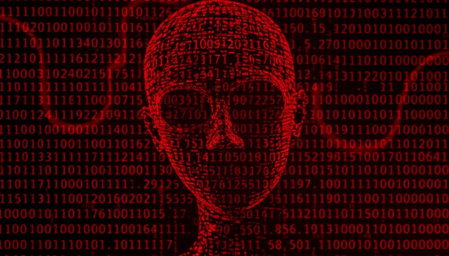 GhostGPT concept, digital face in red code matrix, abstract design.