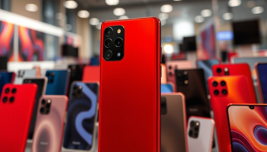 Red Galaxy S25 smartphone in showroom display with various colors.